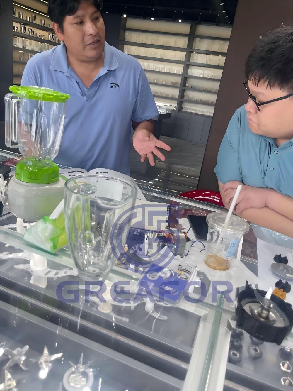 Chile customer visiting Greafor factory in Foshan China to review blender glass jars and compatible blender spare parts